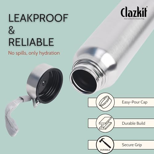 Clazkit Stainless Steel Water Bottle, 700 ml - Single-Walled, Spill-Proof, Food Grade Steel | Fridge, Office, School, Travel, Gym, Car - Set Of 3 (Silver) - Image 4
