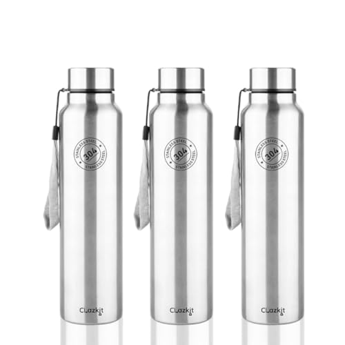 Clazkit Stainless Steel Water Bottle, 700 ml - Single-Walled, Spill-Proof, Food Grade Steel | Fridge, Office, School, Travel, Gym, Car - Set Of 3 (Silver) - Image 1