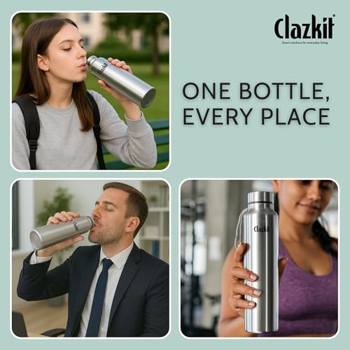 Clazkit Stainless Steel Water Bottle, 700 ml - Single-Walled, Spill-Proof, Food Grade Steel | Fridge, Office, School, Travel, Gym, Car - Set Of 3 (Silver) - Image 5