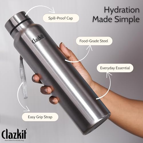 Clazkit Stainless Steel Water Bottle, 700 ml - Single-Walled, Spill-Proof, Food Grade Steel | Fridge, Office, School, Travel, Gym, Car - Set Of 3 (Silver) - Image 3