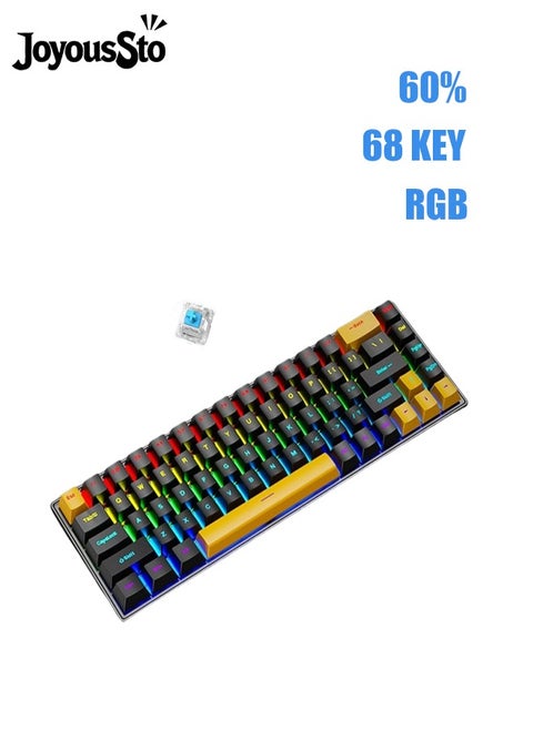 لوحة مفاتيح ألعاب ميكانيكية سلكية مكونة من 68 مفتاحًا RGB بنسبة 60% مع كابل Type-C قابل للفصل باللونين الأسود والأصفر
