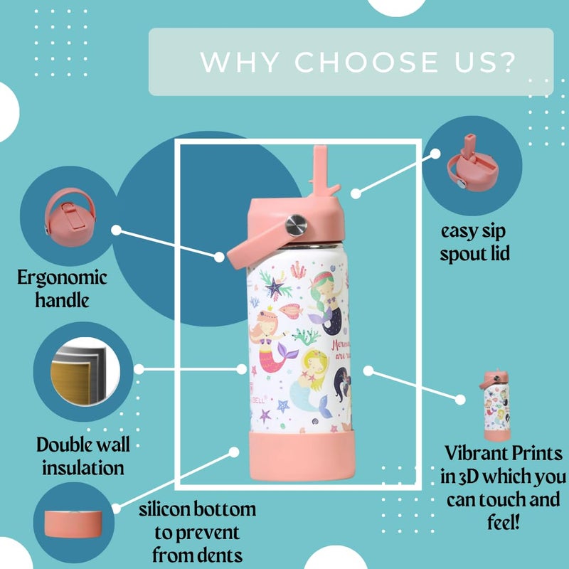 TOM  BELL Insulated Water Bottle for Kids 500ml,Double Wall Water Bottle for School, Sipper Bottle,Hot and Cold, Premium 304 Stainless Steel (NEW MERM, 500ml) - Image 5