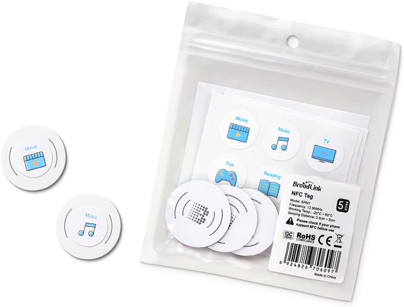 Broadlink NFC Tags, NXP NTAG215 Waterproof NFC Tag Sticker, Trigger Home Automation Devices and Scenes, Compatible with All NFC-Enabled Smart Phones, 5-Pack - Image 1