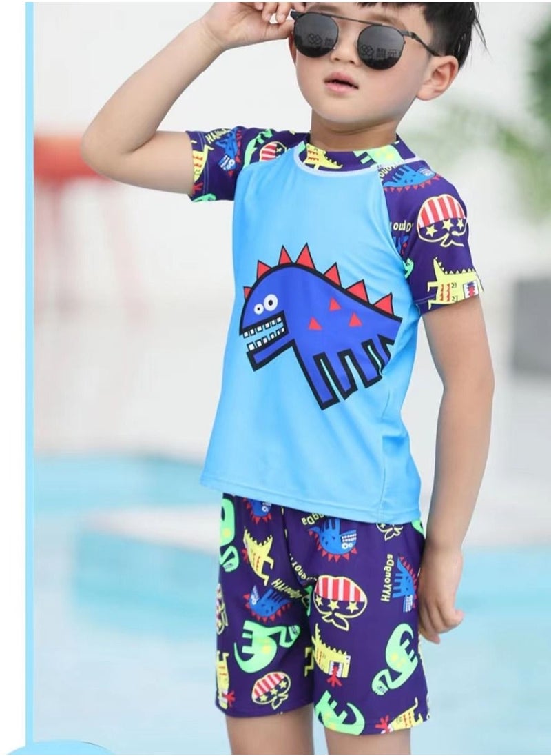 HAIZID 3-Piece Kid's Cartoon Dinosaur Pattern Swimsuit Set Blue  Dnosaur  - Image 1