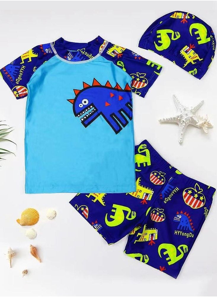 HAIZID 3-Piece Kid's Cartoon Dinosaur Pattern Swimsuit Set Blue  Dnosaur  - Image 2