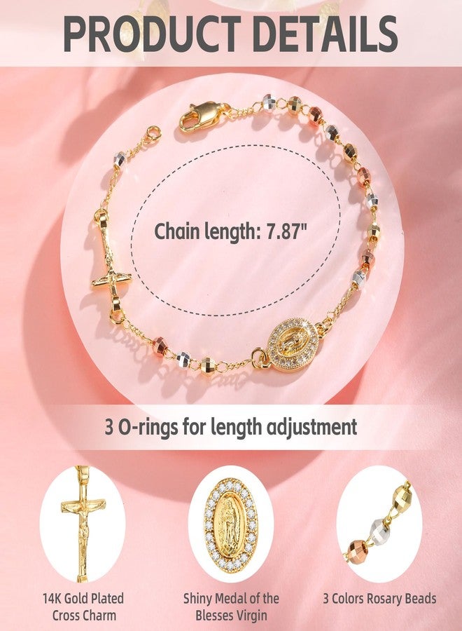 FLHEART Catholic Crucifix Gifts Rosary Bracelet for Women-14K gold plated Virgin Mary Jesus Cross Charm Link Chain, Dainty Virgen de Guadalupe Religious Gift for Confirmation Baptism First Communion Easter - Image 3