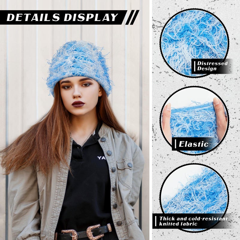 Chuarry Distressed Knitted Beanie Fuzzy Winter Hats Thick Warm Y2k Beanie Snow Knit Cap Skull for Women Men(Dark Blue and Light Blue,Regular Style) - Image 3