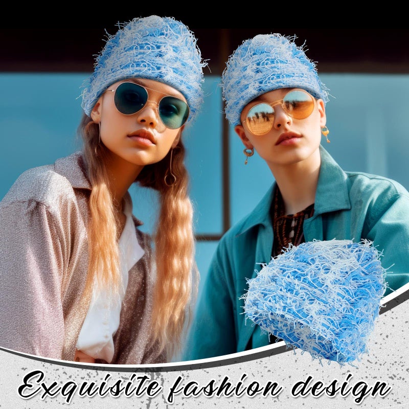 Chuarry Distressed Knitted Beanie Fuzzy Winter Hats Thick Warm Y2k Beanie Snow Knit Cap Skull for Women Men(Dark Blue and Light Blue,Regular Style) - Image 5