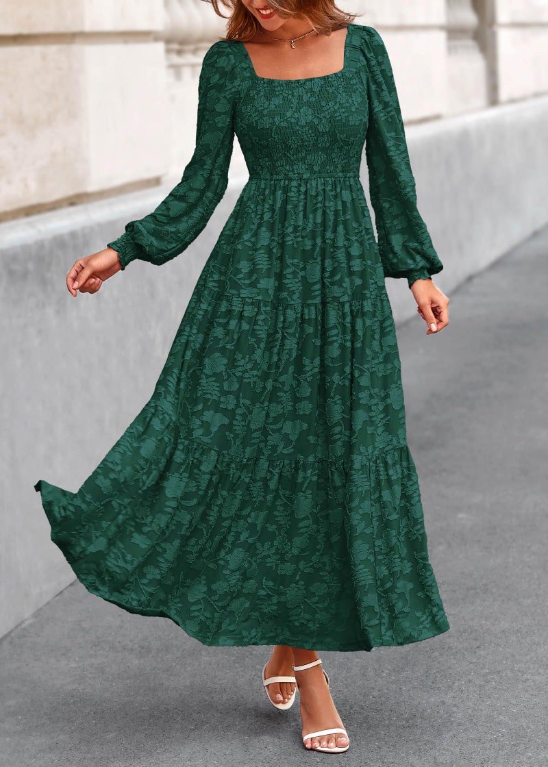KIRUNDO Wedding Guest Dresses for Women Spring 2026 Long Sleeve Smocked Floral Flowy A Line Boho Maxi Dress Fashion Clothing (Emerald Green, X-Large) - Image 3