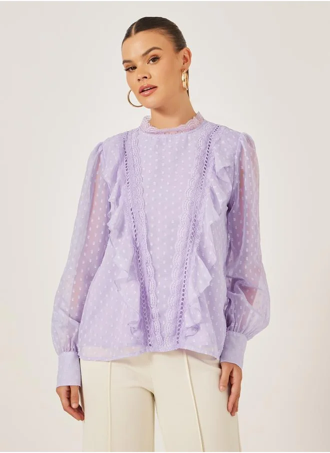 ستايلي Styli Dobby Balloon Sleeves Blouse with Lace Detail