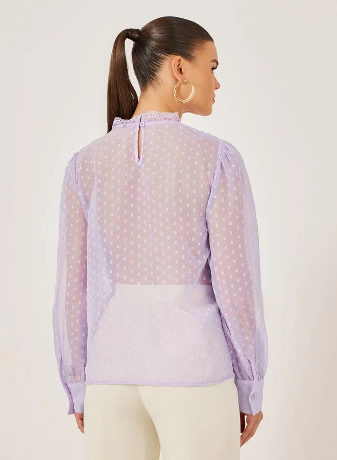 Styli Styli Dobby Balloon Sleeves Blouse with Lace Detail