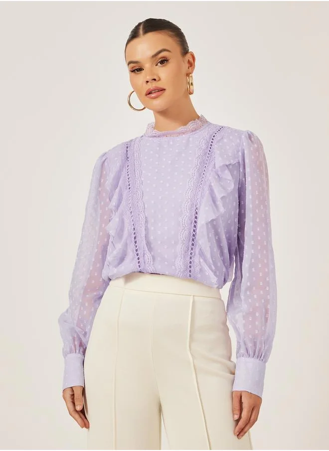 ستايلي Styli Dobby Balloon Sleeves Blouse with Lace Detail