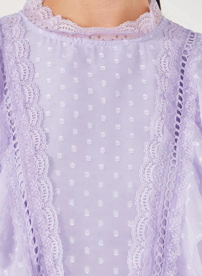 Styli Styli Dobby Balloon Sleeves Blouse with Lace Detail