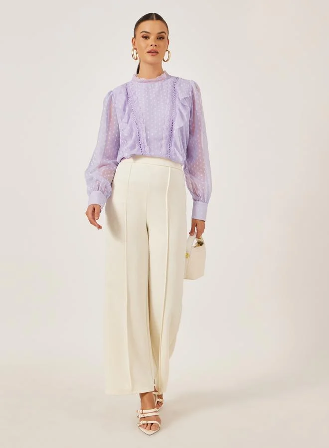 Styli Styli Dobby Balloon Sleeves Blouse with Lace Detail