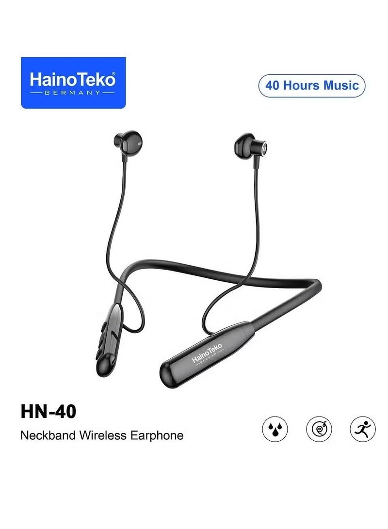 Haino Teko HN40 Neckband Wireless Earphone with Super Clear Mic & High Bass Sound Quality || Bluetooth 5.0, Comfortable Fit -- Long Battery Life, Black - Image 2