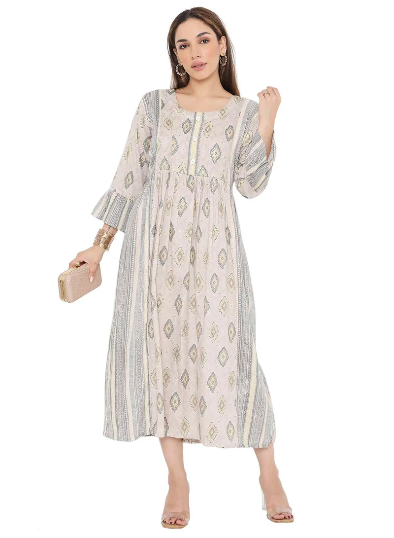 HANA & SARA STYLISH PRINTED SHORT FRONT STYLED BUTTON ARABIC KAFTAN JALABIYA DRESS