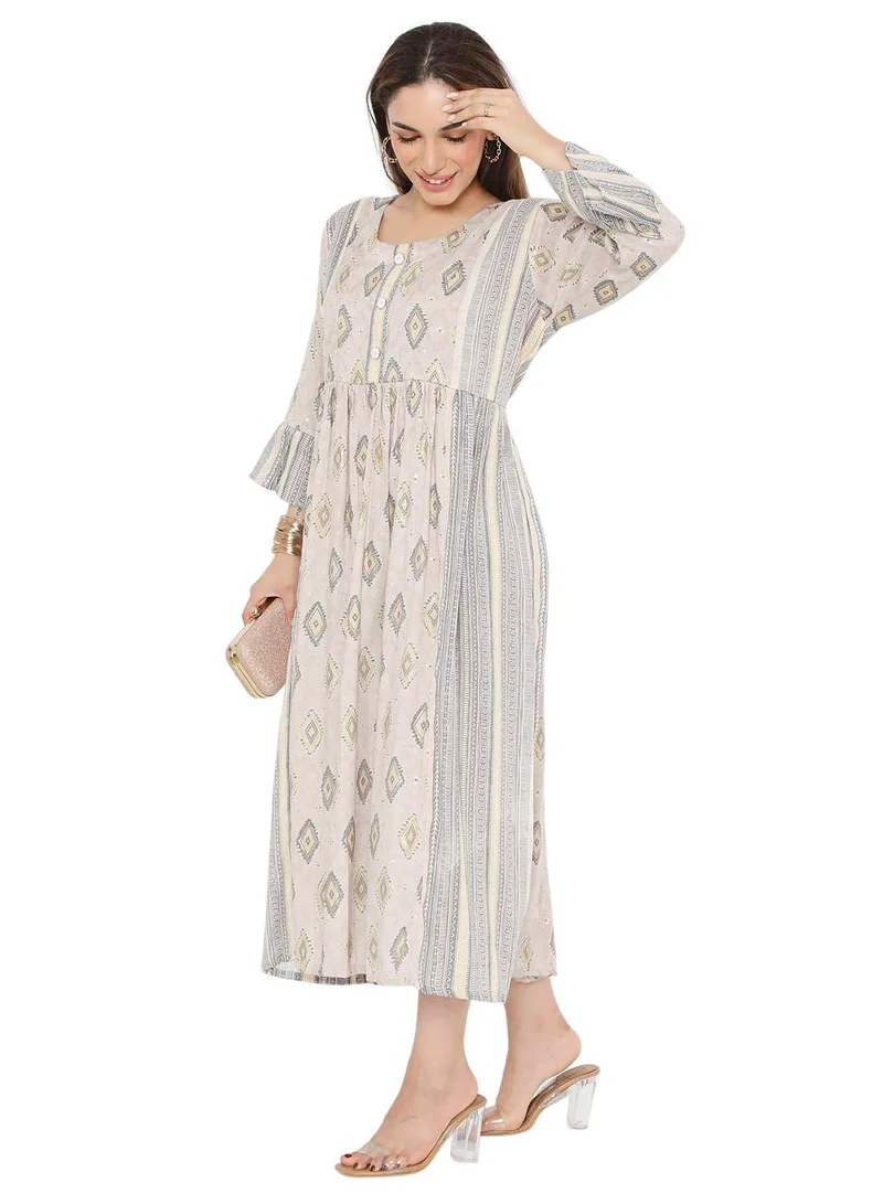 HANA & SARA STYLISH PRINTED SHORT FRONT STYLED BUTTON ARABIC KAFTAN JALABIYA DRESS