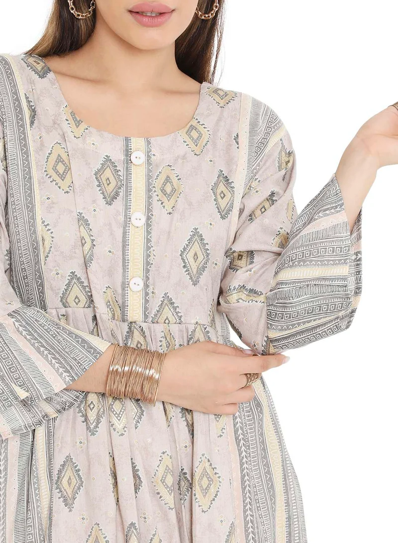 HANA & SARA STYLISH PRINTED SHORT FRONT STYLED BUTTON ARABIC KAFTAN JALABIYA DRESS