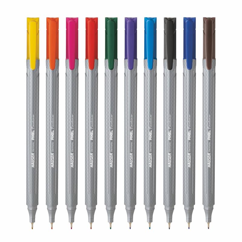 Hauser Germany Pixel Fineliner | Triangular Body For Better Grip | Hi-Quality Metal Tip | Available in 10 Vivid Ink Colours | Pack of 10 - Image 1