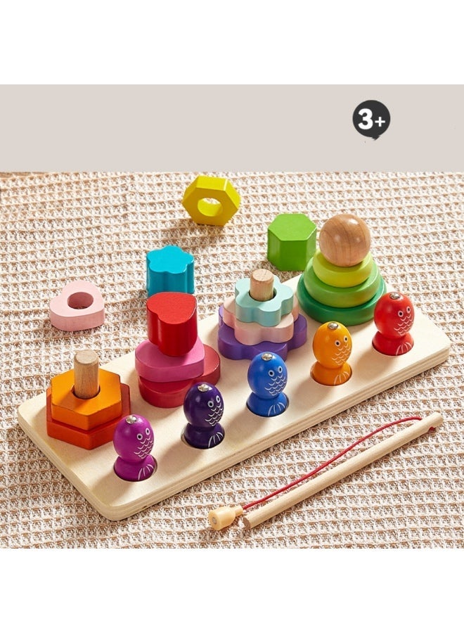 Wooden Montessori Sorting & Stacking Toy with Fishing Game, Educational Toy for 2-4 Years, Includes 1 Fishing Rod, 5 Fish, 16 Blocks - Image 1