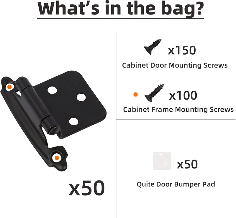 DecoBasics 1/2" Overlay Matte Black Cabinet Hinges 50 Pack (25 Pair) Self Closing Bath & Kitchen Cabinet Hinges Black Flush Mount w/Door Bumpers & Upgraded Screws - Image 5