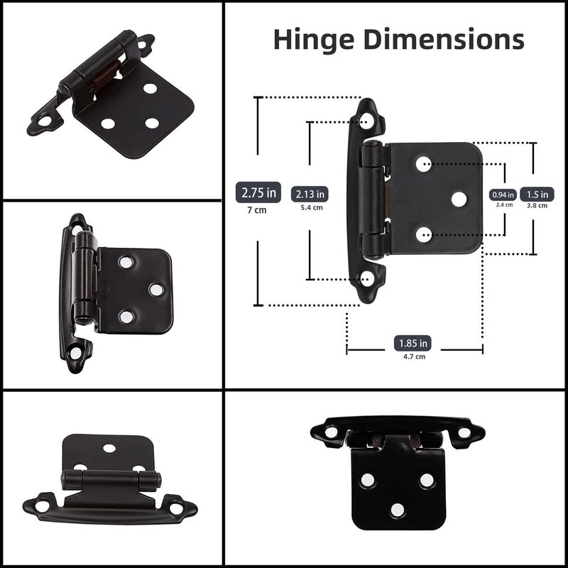 DecoBasics 1/2" Overlay Matte Black Cabinet Hinges 50 Pack (25 Pair) Self Closing Bath & Kitchen Cabinet Hinges Black Flush Mount w/Door Bumpers & Upgraded Screws - Image 4