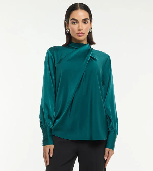 بي سي بي جي BCBG DRAPED NECK LONG SLEEVES SATIN BLOUSE