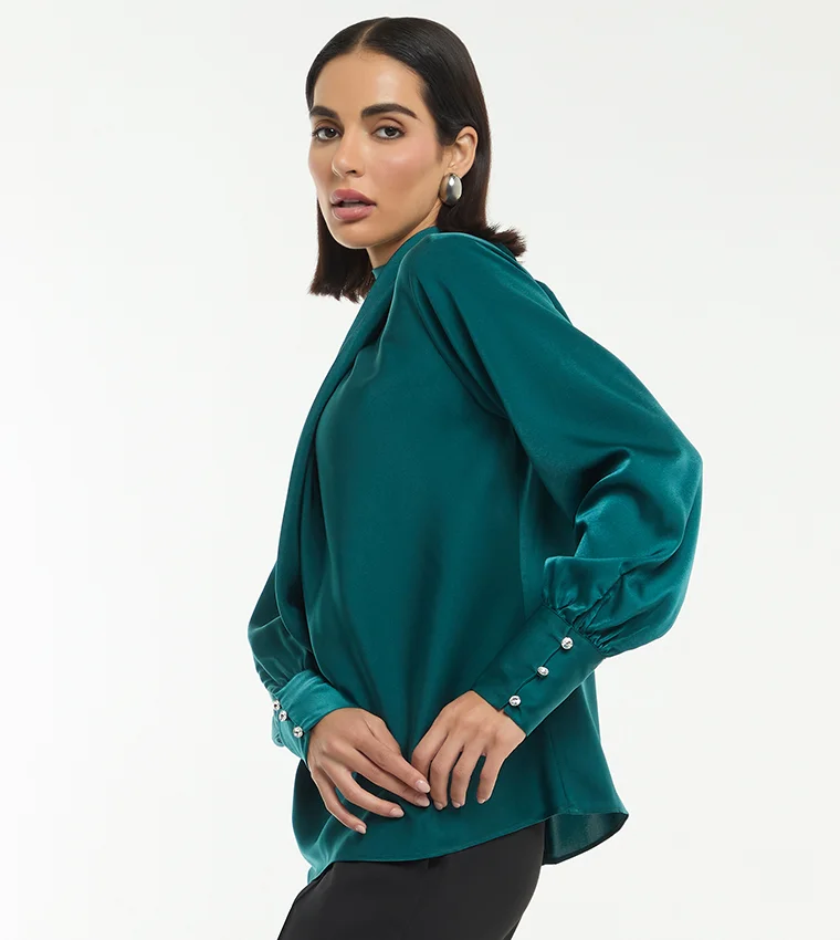 بي سي بي جي BCBG DRAPED NECK LONG SLEEVES SATIN BLOUSE