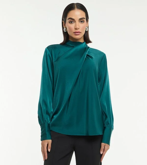 بي سي بي جي BCBG DRAPED NECK LONG SLEEVES SATIN BLOUSE