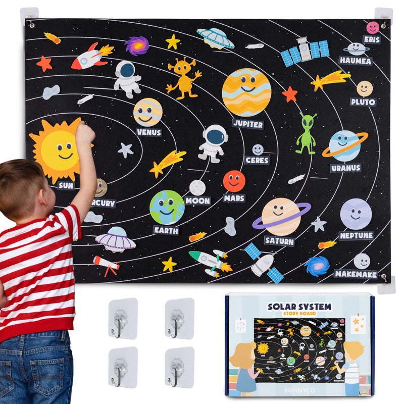 BONNYCO Solar System for Kids Toys with 61 Felt Figures. Space Montessori Toys, Girls Boys Birthday Gifts Planets. Felt Board for Toddlers Story, Educational Kids Gifts 3 4 5 6 7 8 Years, Christmas - Image 1