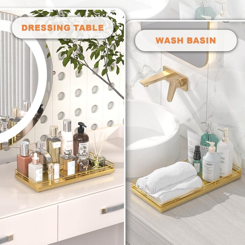 Focusonit Oak Bathroom Toilet Tank Tray, 13" Wood Toilet Paper Storage Basket Back of Toilet Basket Organizer, Vanity Tray for Perfume Makeup Candle Kitchen Counter Coffee Table Decor, Gold - Image 4
