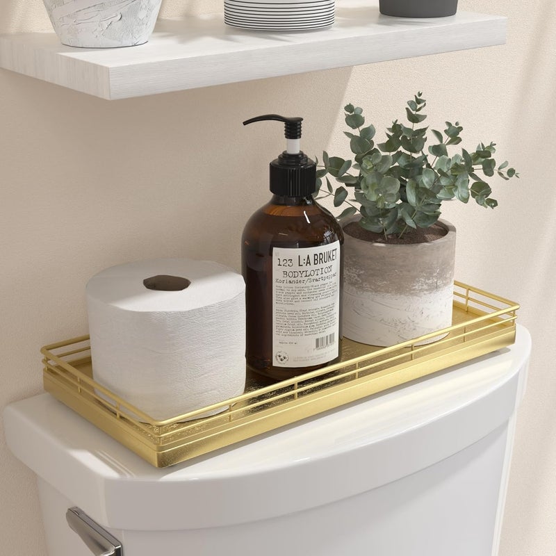 Focusonit Oak Bathroom Toilet Tank Tray, 13" Wood Toilet Paper Storage Basket Back of Toilet Basket Organizer, Vanity Tray for Perfume Makeup Candle Kitchen Counter Coffee Table Decor, Gold - Image 1
