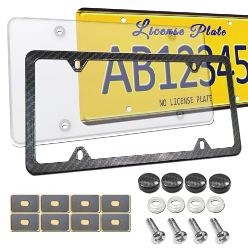 FBJTDQ License Plate Cover Frame Combo- Carbon Fiber License Plate Frame and Flat Clear Cover, Novelty Unbreakable Car Tag Protector for US Plate, with Rust Resistant Screws Caps, Rattle Proof Pads - Image 1