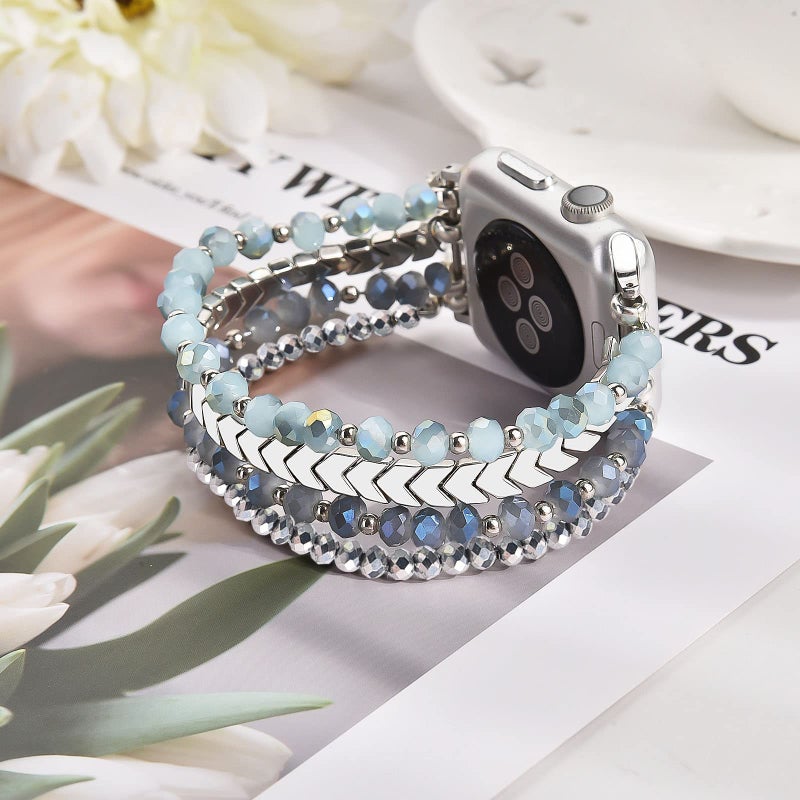 MOFREE Beaded Bracelet Compatible with Apple Watch Band 38mm/40mm/41mm/42mm, Fashion Elastic Stretch Women Bands for iWatch Series 11/10/9/8/7/SE/6/5/4/3/2/1 iPhone Watch Strap Bands (Blue/Silver) - Image 2