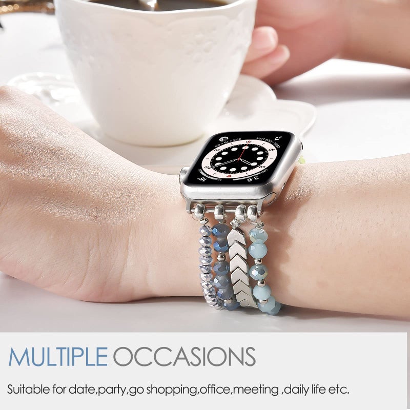 MOFREE Beaded Bracelet Compatible with Apple Watch Band 38mm/40mm/41mm/42mm, Fashion Elastic Stretch Women Bands for iWatch Series 11/10/9/8/7/SE/6/5/4/3/2/1 iPhone Watch Strap Bands (Blue/Silver) - Image 4