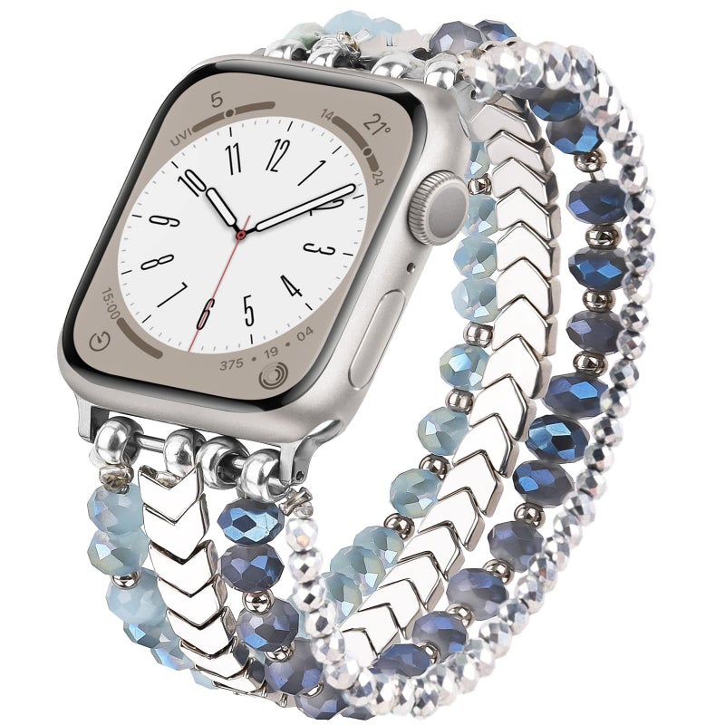 MOFREE Beaded Bracelet Compatible with Apple Watch Band 38mm/40mm/41mm/42mm, Fashion Elastic Stretch Women Bands for iWatch Series 11/10/9/8/7/SE/6/5/4/3/2/1 iPhone Watch Strap Bands (Blue/Silver) - Image 1