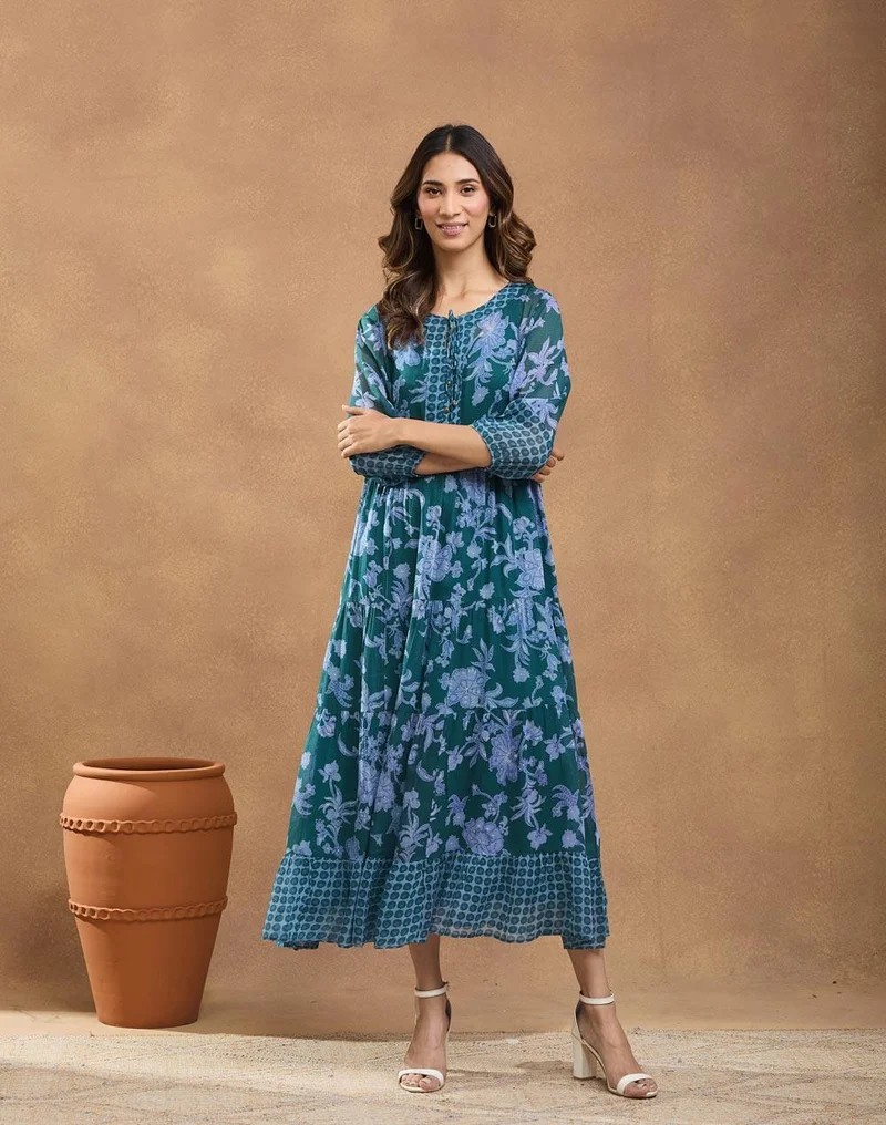 فاب انديا فستان ماكسي فيسكوز مطبوع أخضر