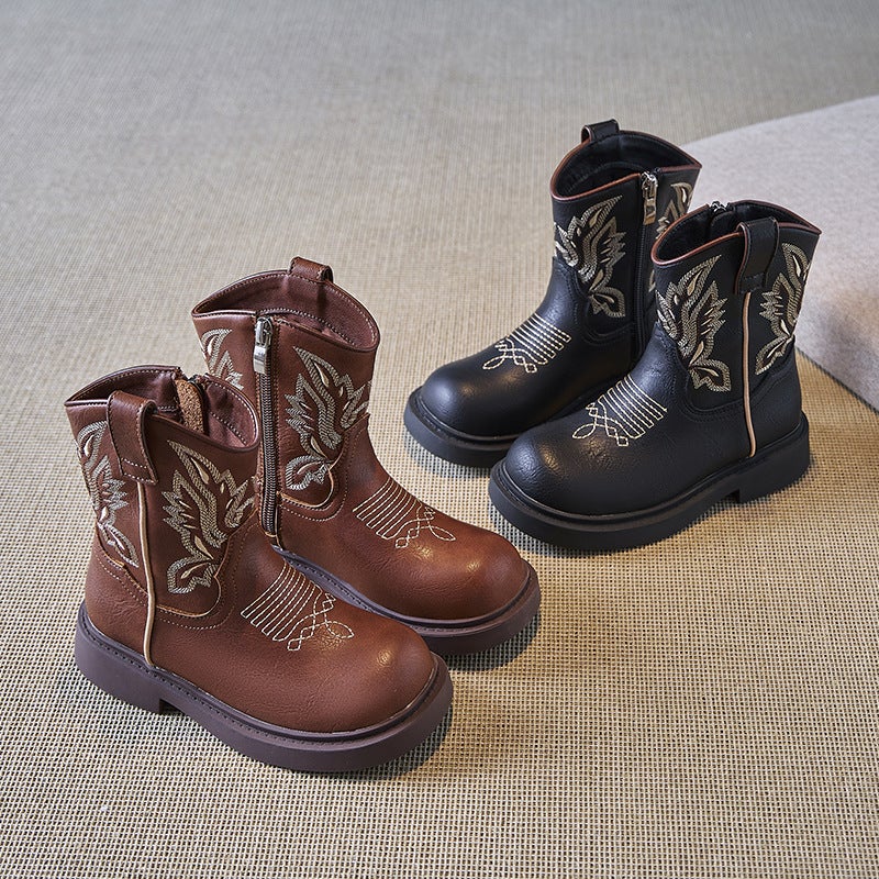 أحذية أطفال بوتس ناعمة النعل متوسطة الساق تشيلسي جلدية بنات على الطراز الوطني ريترو مطرزة بوتس كاوبوي - Image 2