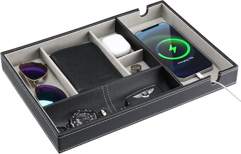 Valet Tray for Men with Phone Charging Station - Black Faux Leather Organizer - Image 1