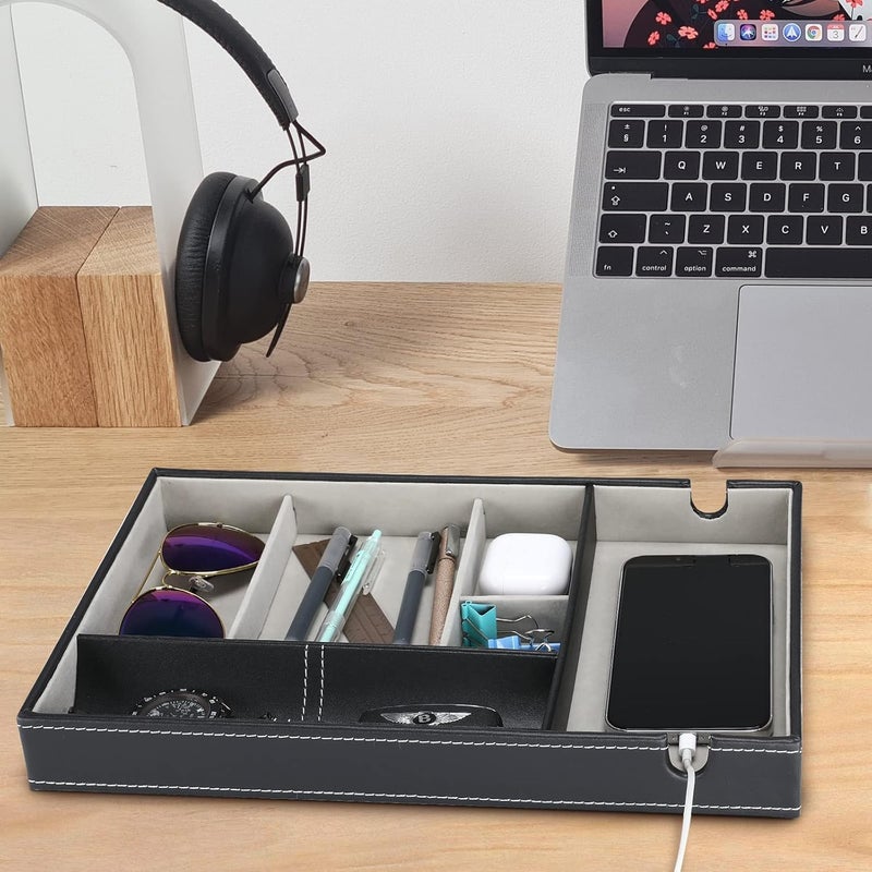 Valet Tray for Men with Phone Charging Station - Black Faux Leather Organizer - Image 2