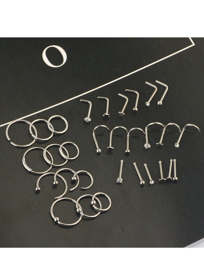30PCS 20G Nose Rings Hoop for Women and Men Stainless Steel L Shaped Nose Studs 8mm Hoop Nose Piercings Jewelry