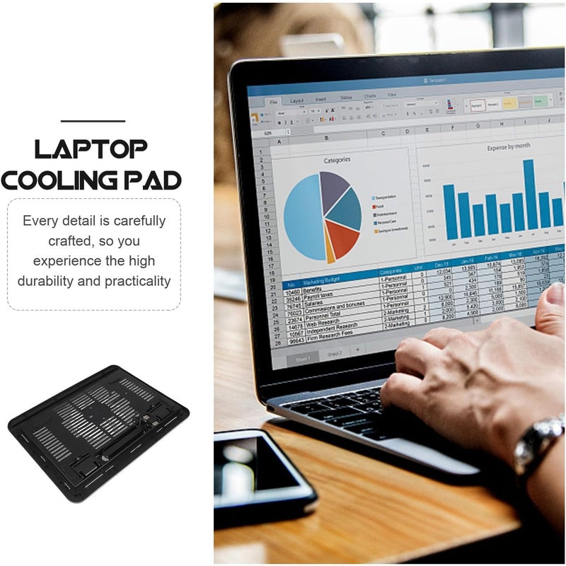 وسادة تبريد للكمبيوتر الصامتة مزودة بمراوح USB، حامل لرفع الكمبيوتر بارتفاع قابل للتعديل للاستخدام أثناء الألعاب والعمل، دعامة تبريد محمولة سوداء بتصميم مهوي - Image 3