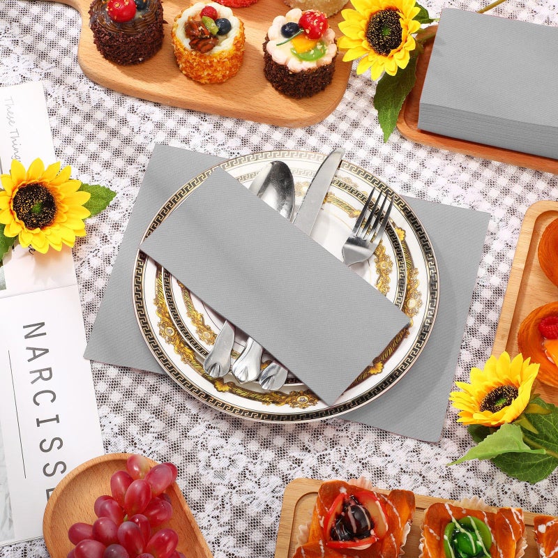 Qilery 100 Pcs Linen Feel Disposable Dinner Napkins Decorative Paper Napkin 17""x12"" Paper Soft Hand Towel Absorbent Disposable Guest Towel for Thanksgiving Day Kitchen Wedding Party(Gray) - Image 4