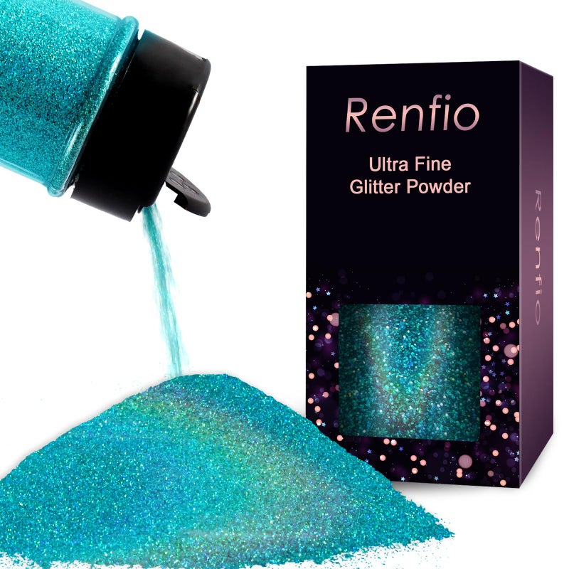 Renfio Holographic Ultra Fine Glitter Powder Metallic Resin Glitter 2.11 Oz (60g) PET Flakes Crafts Sequins 1/128" 0.008" 0.2mm Epoxy Chips Flakes for Tumblers Roses Slime - Laser Light Teal Blue - Image 1