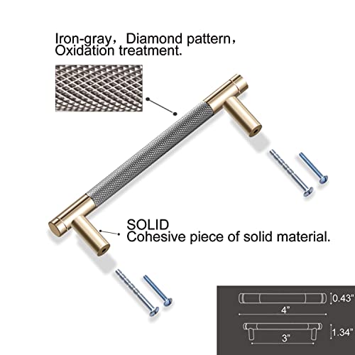 Gutuwellea 50 Pack 3 Inch 76 mm Knurled Cabinet Handles Cabinet Pulls Aluminum Handles Knurled Drawer Pulls Gold and Grey Oxidation Finish with Diamond Pattern 4 Length 3 Hole Center - Image 3