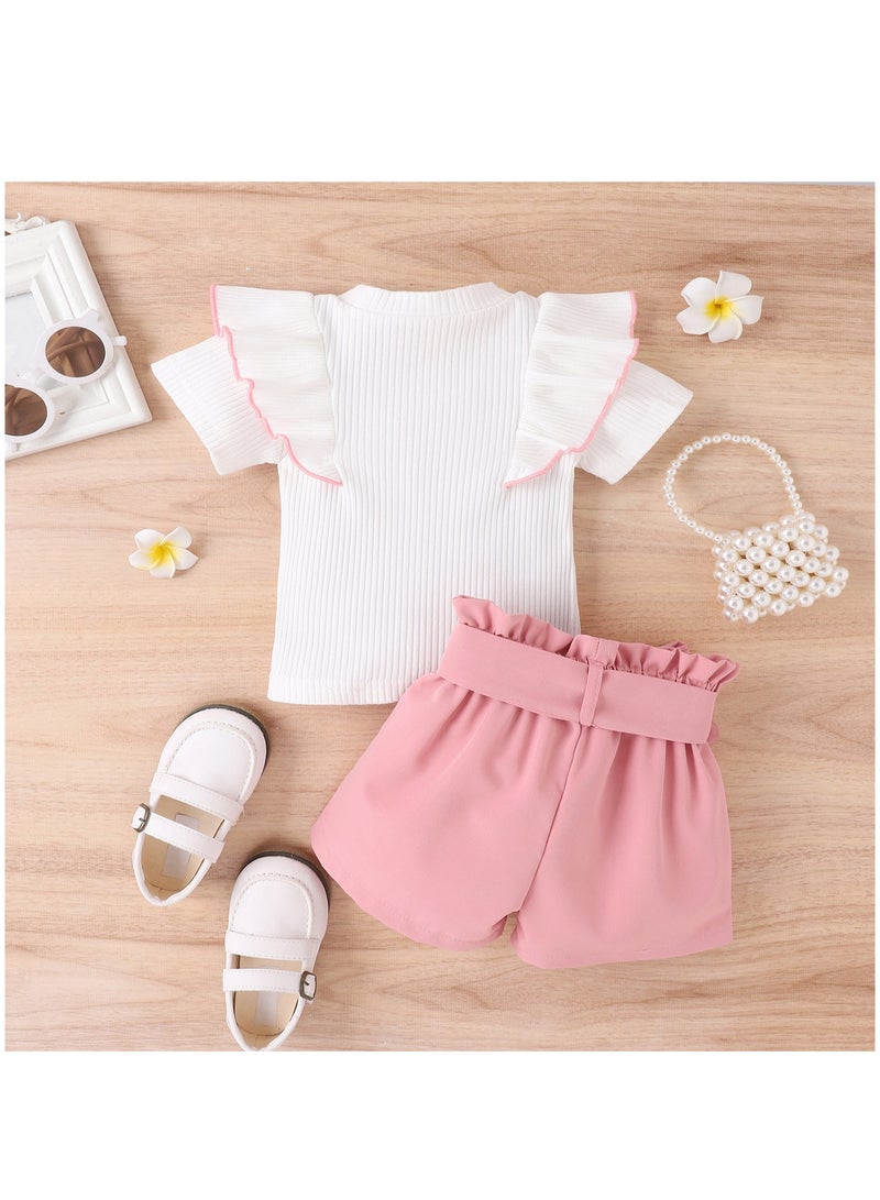 2-3Y Toddler Girl Summer Outfit, Pink Bow Shorts and White Ruffle Sleeve Top, Cute 2-Piece Clothing Set for Daily, Travel, Photography, Birthday - Image 2