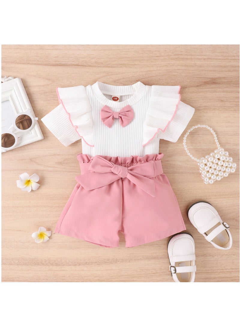 2-3Y Toddler Girl Summer Outfit, Pink Bow Shorts and White Ruffle Sleeve Top, Cute 2-Piece Clothing Set for Daily, Travel, Photography, Birthday - Image 1