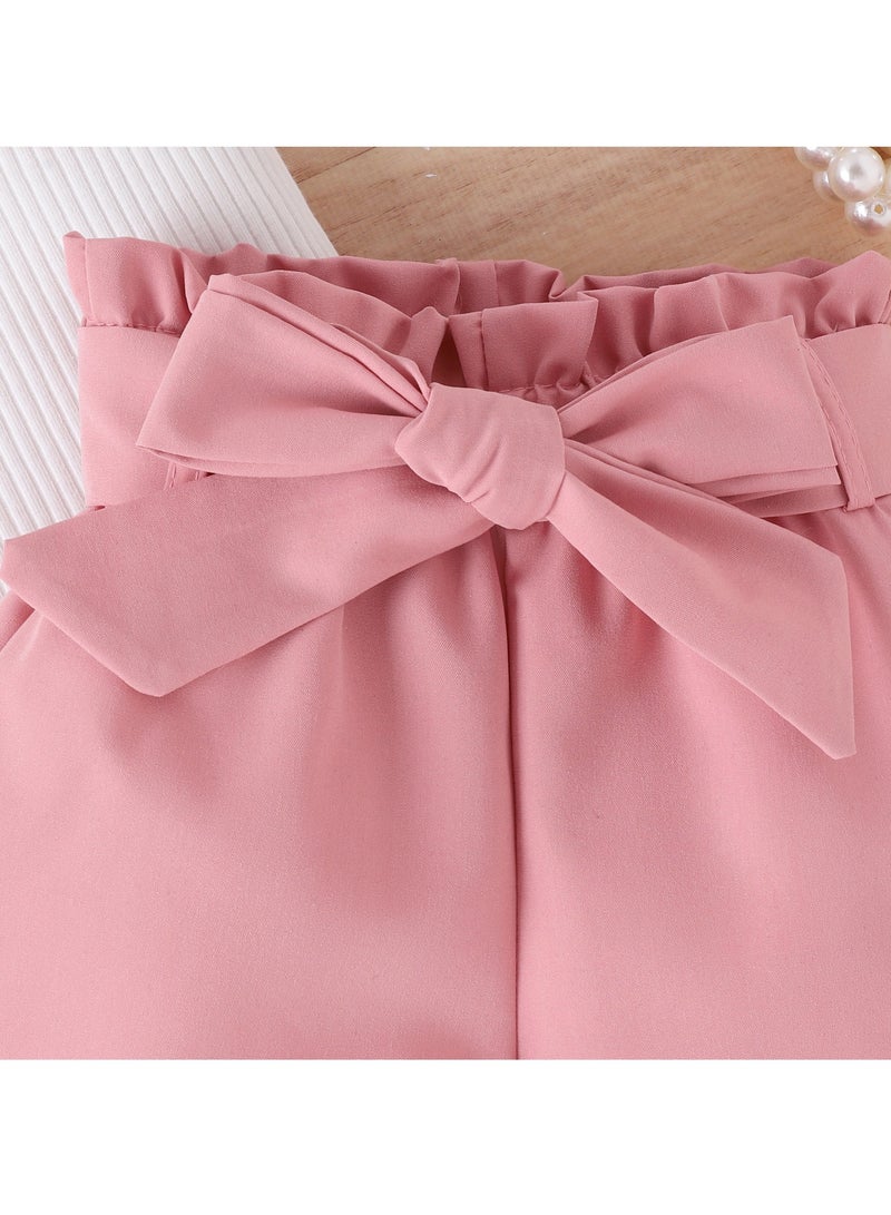 2-3Y Toddler Girl Summer Outfit, Pink Bow Shorts and White Ruffle Sleeve Top, Cute 2-Piece Clothing Set for Daily, Travel, Photography, Birthday - Image 4