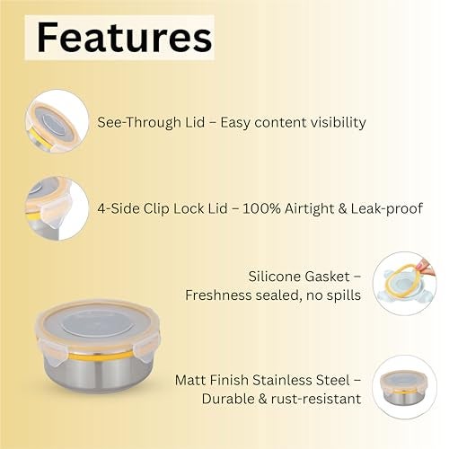 STEELLOCK Stainless Steel Airtight Container| Leak Proof Tiffin Lunch & Storage Boxes | ‎SL-1301-set of 1, 450ml each, Yellow - Image 5