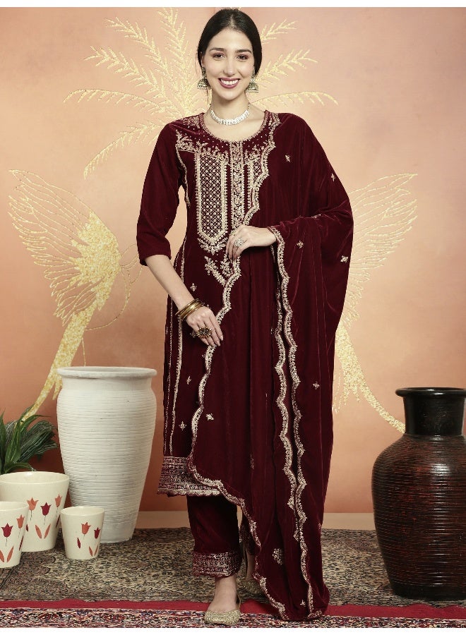Stylee Lifestyle Maroon Velvet Embroidered Dress Material for Women - Image 1